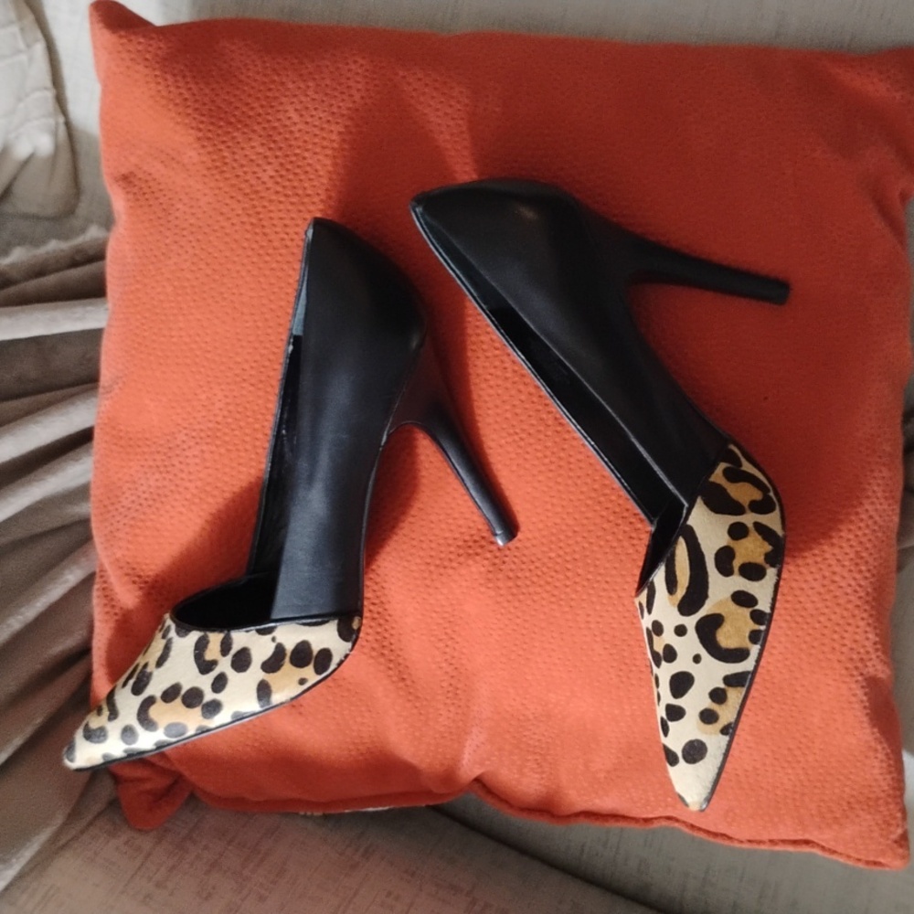 Guess Black Leather Cowskin Animal Print Heels